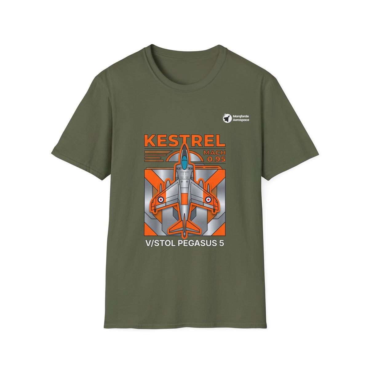 Kestrel Keystone aviation graphic on a military green unisex t-shirt