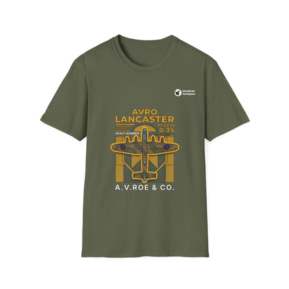 Lancaster Lore aviation graphic on a military green unisex t-shirt