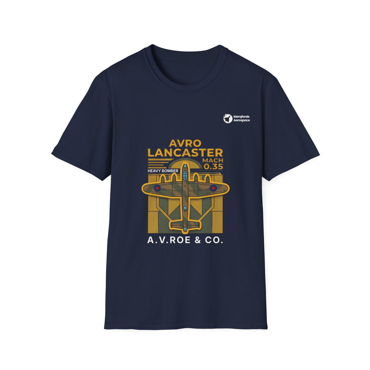 Lancaster Lore aviation graphic on a navy unisex t-shirt