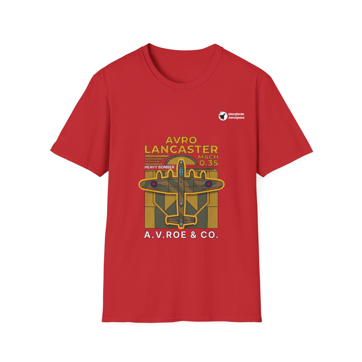 Lancaster Lore aviation graphic on a red unisex t-shirt