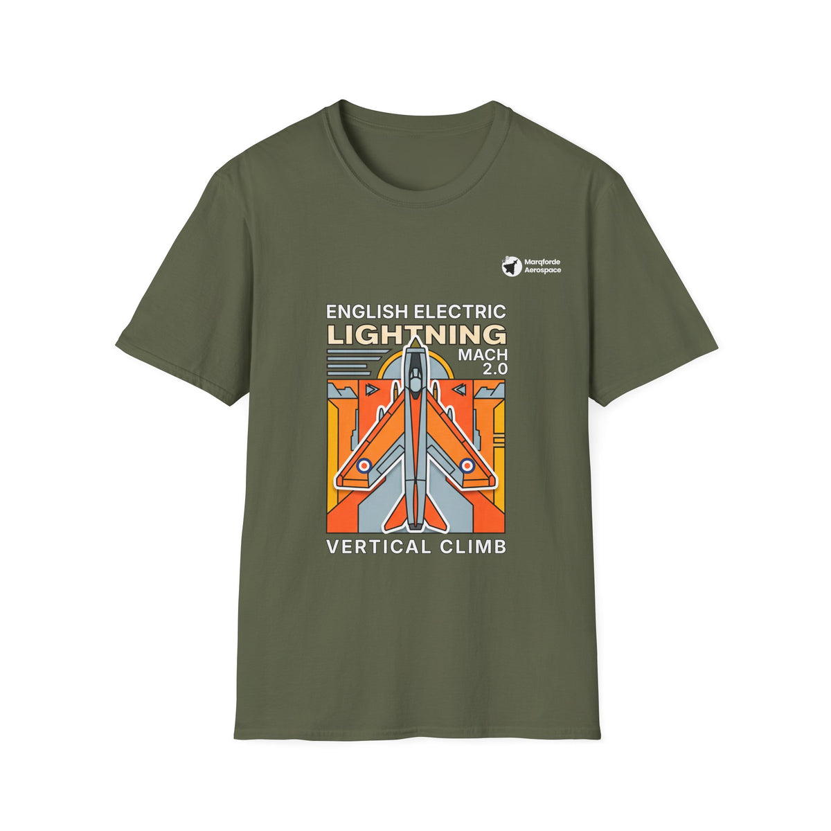Lightning Legend aviation graphic on a military green unisex t-shirt