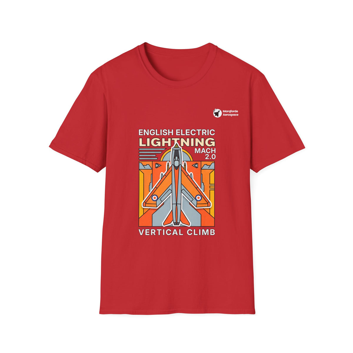 Lightning Legend aviation graphic on a red unisex t-shirt