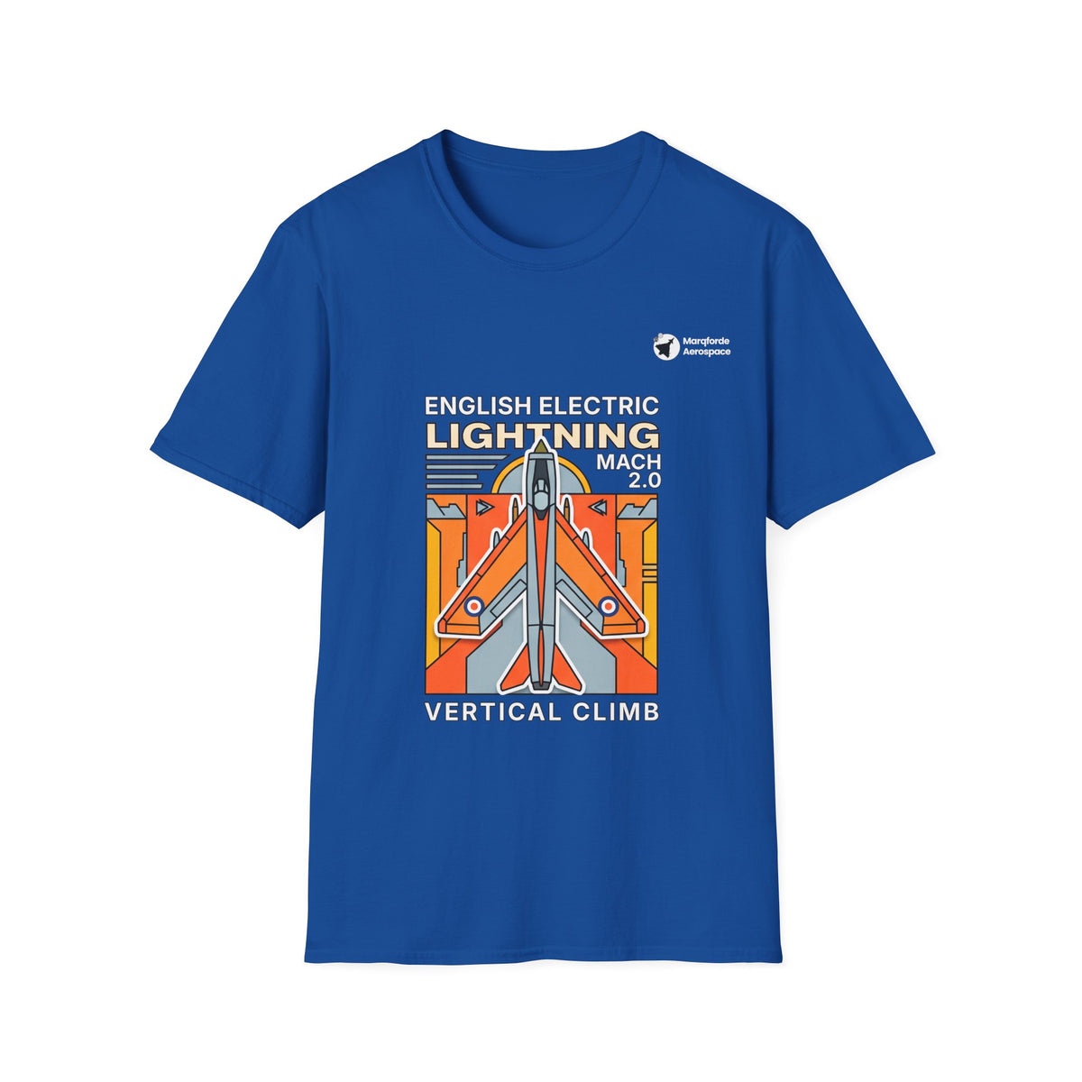 Lightning Legend aviation graphic on a royal blue unisex t-shirt