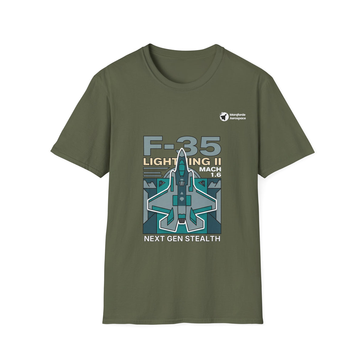 Lightning Love aviation graphic on a military green unisex t-shirt