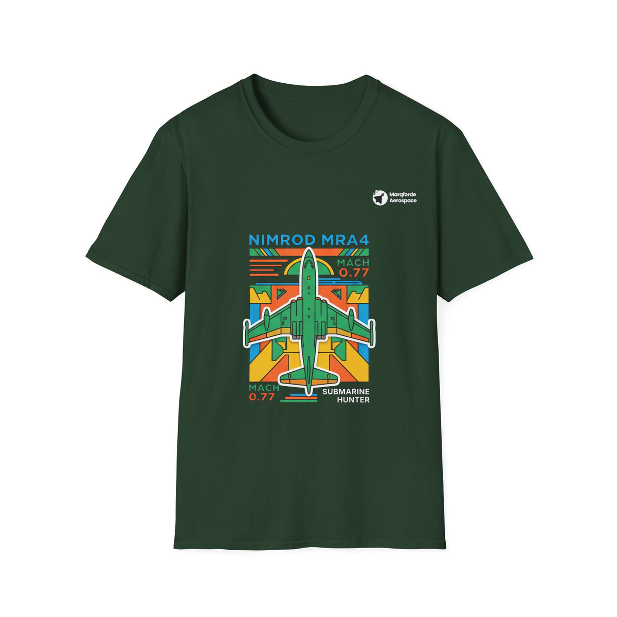 Nimrod the Submarine Stalker aviation graphic on a forest green unisex t-shirt