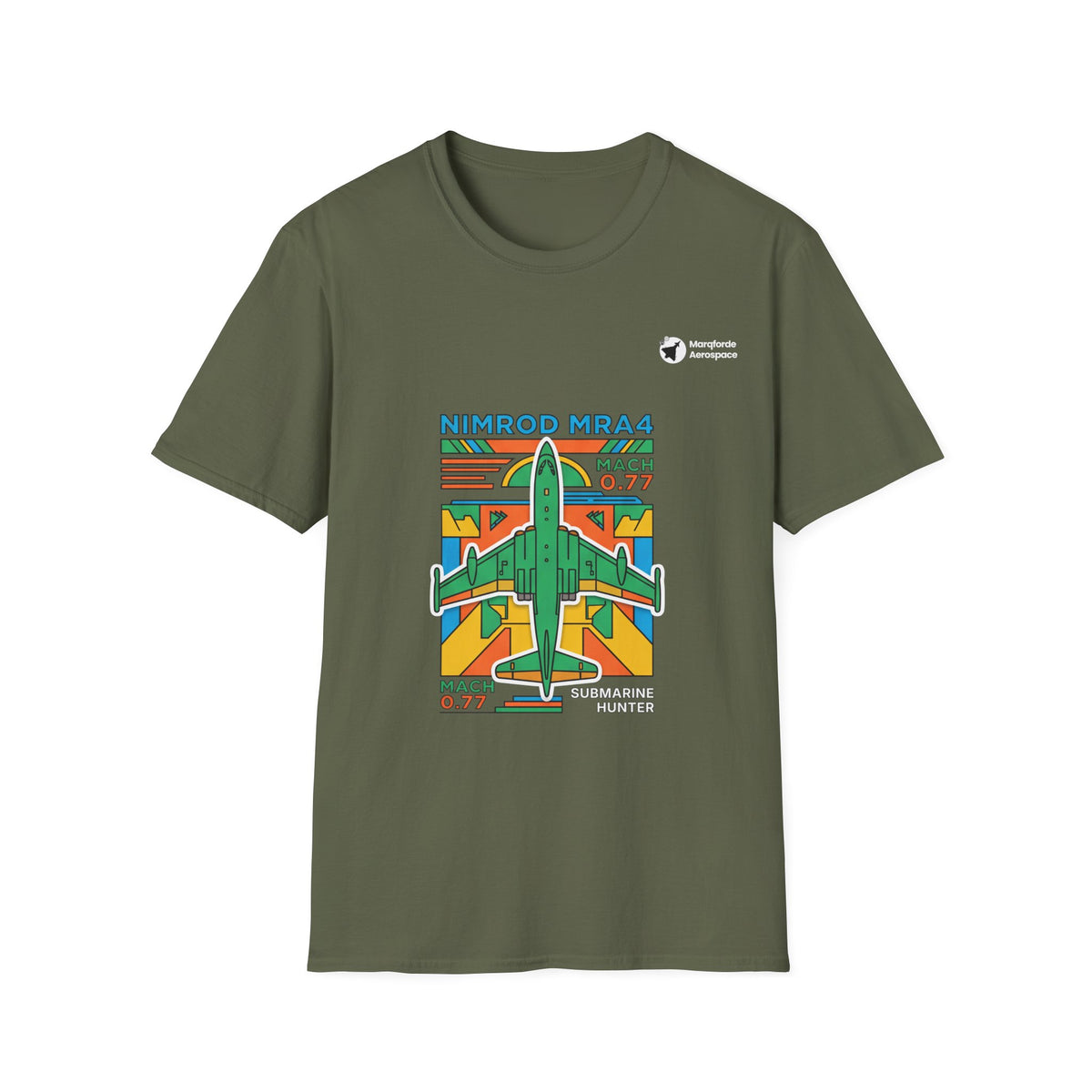 Nimrod the Submarine Stalker aviation graphic on a military green unisex t-shirt