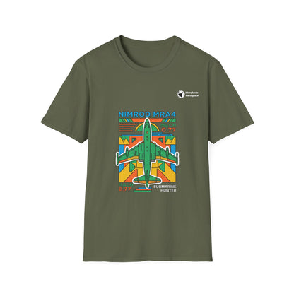 Nimrod the Submarine Stalker aviation graphic on a military green unisex t-shirt