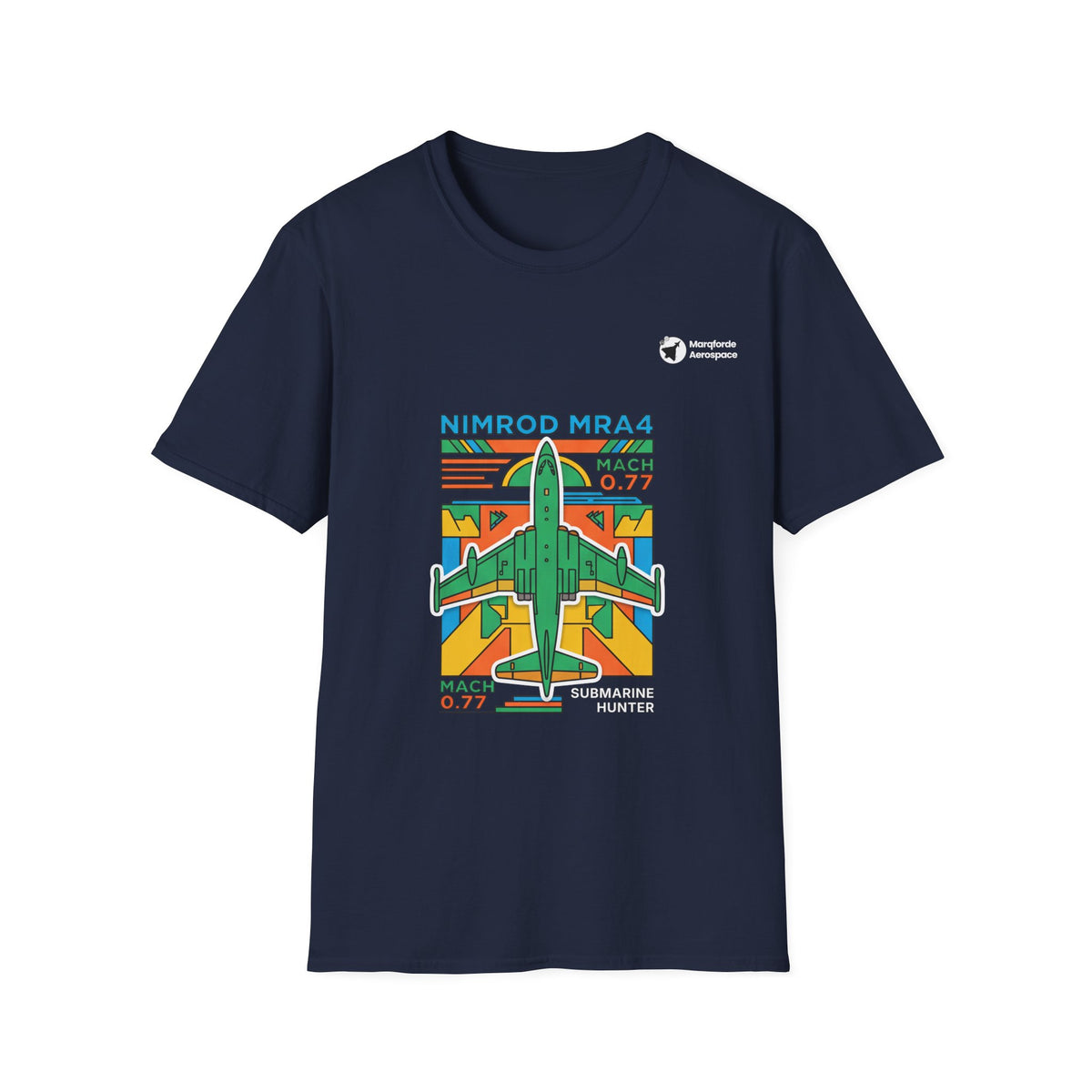 Nimrod the Submarine Stalker aviation graphic on a navy unisex t-shirt