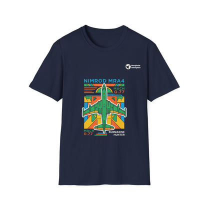 Nimrod the Submarine Stalker aviation graphic on a navy unisex t-shirt