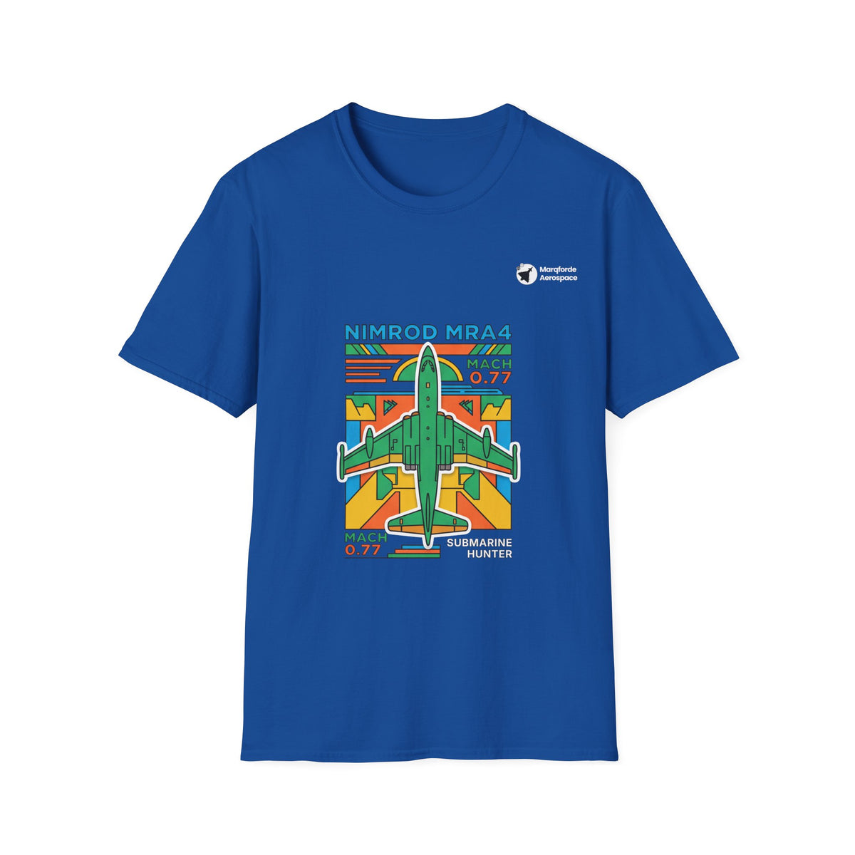 Nimrod the Submarine Stalker aviation graphic on a royal blue unisex t-shirt
