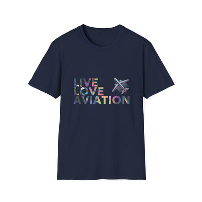Aviation Enthusiast T-Shirt – Live Love Aviation Design in Navy Colour with Holographic Colour Text Design