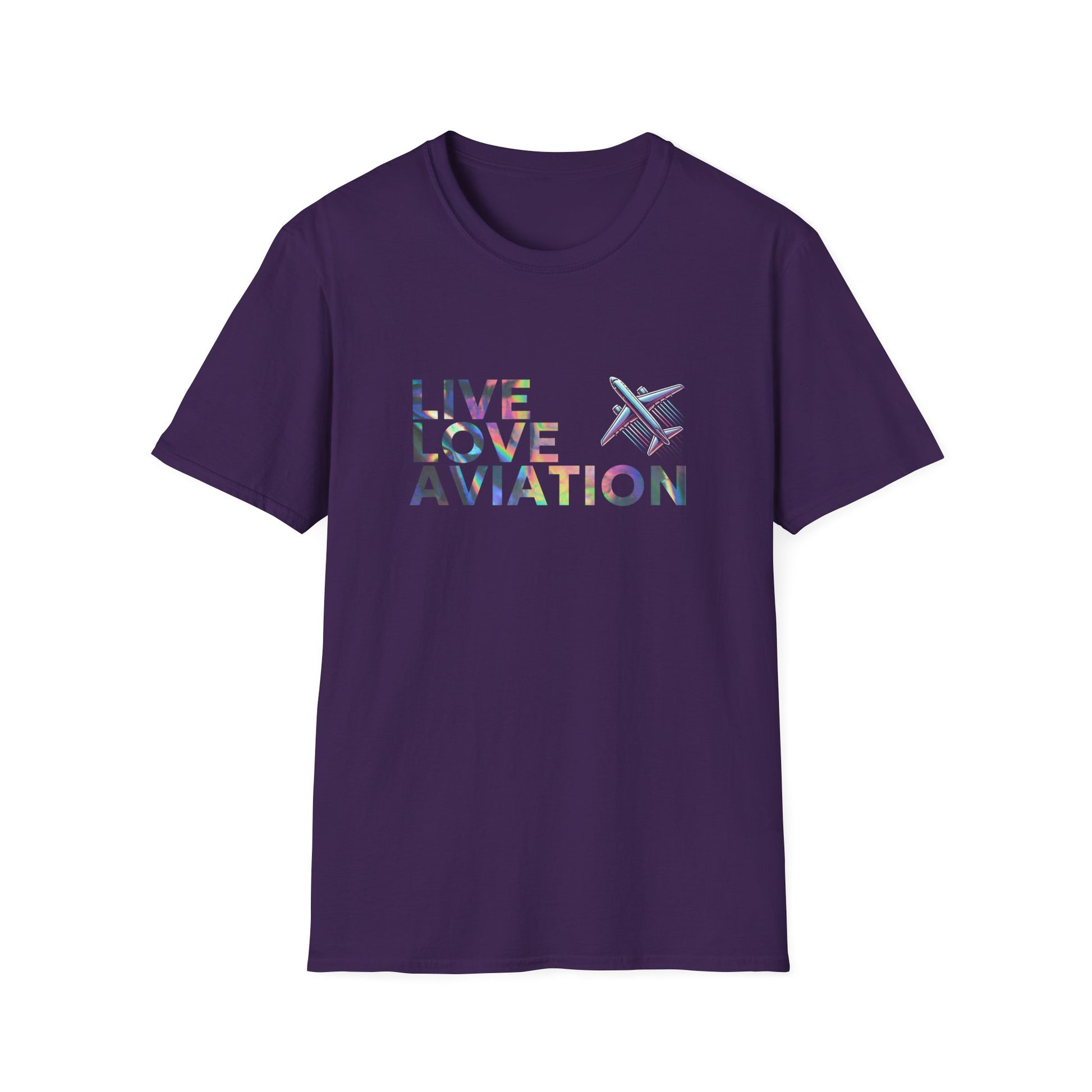 Aviation Enthusiast T-Shirt – Live Love Aviation Design in Purple Colour with Holographic Colour Text Design