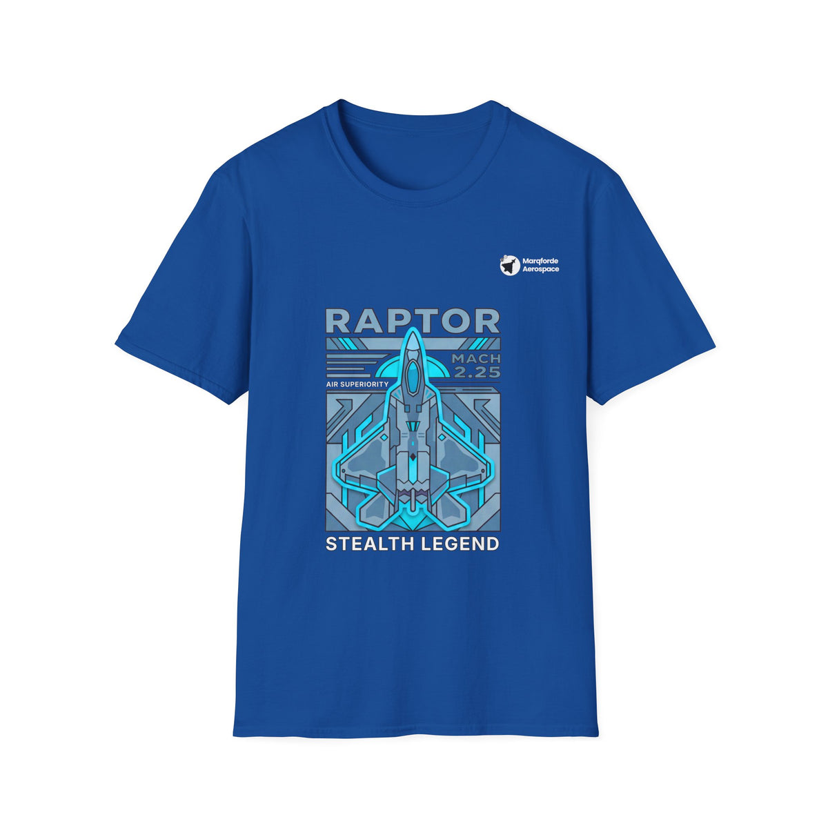 Raptor Revenge aviation graphic on a royal blue unisex t-shirt