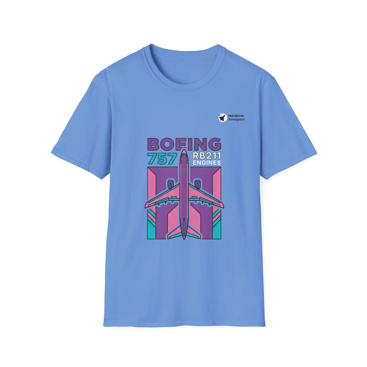 RB211 Roar Boeing 757 aviation graphic on a carolina blue unisex t-shirt
