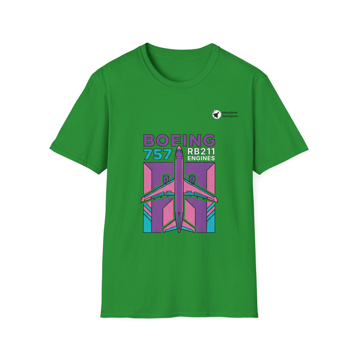RB211 Roar Boeing 757 aviation graphic on an irish green unisex t-shirt