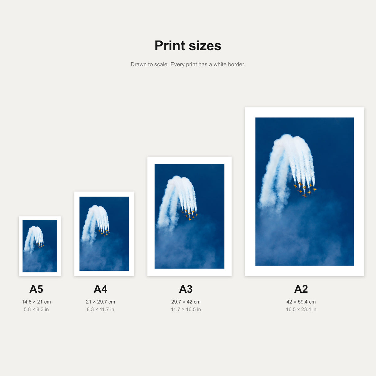 Black Eagles loop print shown at A5, A4, A3 and A2 to scale, wall art size guide