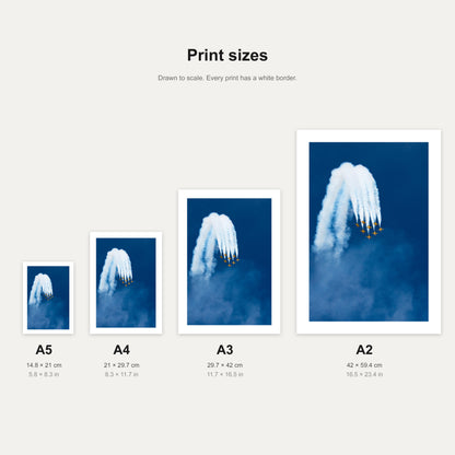 Black Eagles loop print shown at A5, A4, A3 and A2 to scale, wall art size guide