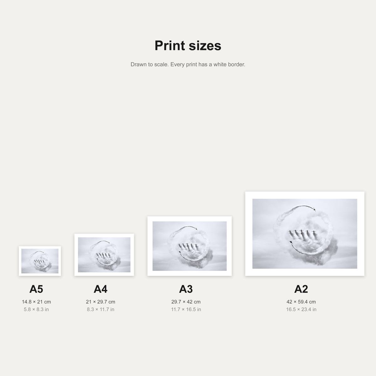 Red Arrows smoke ring print shown at A5, A4, A3 and A2 to scale, wall art size guide