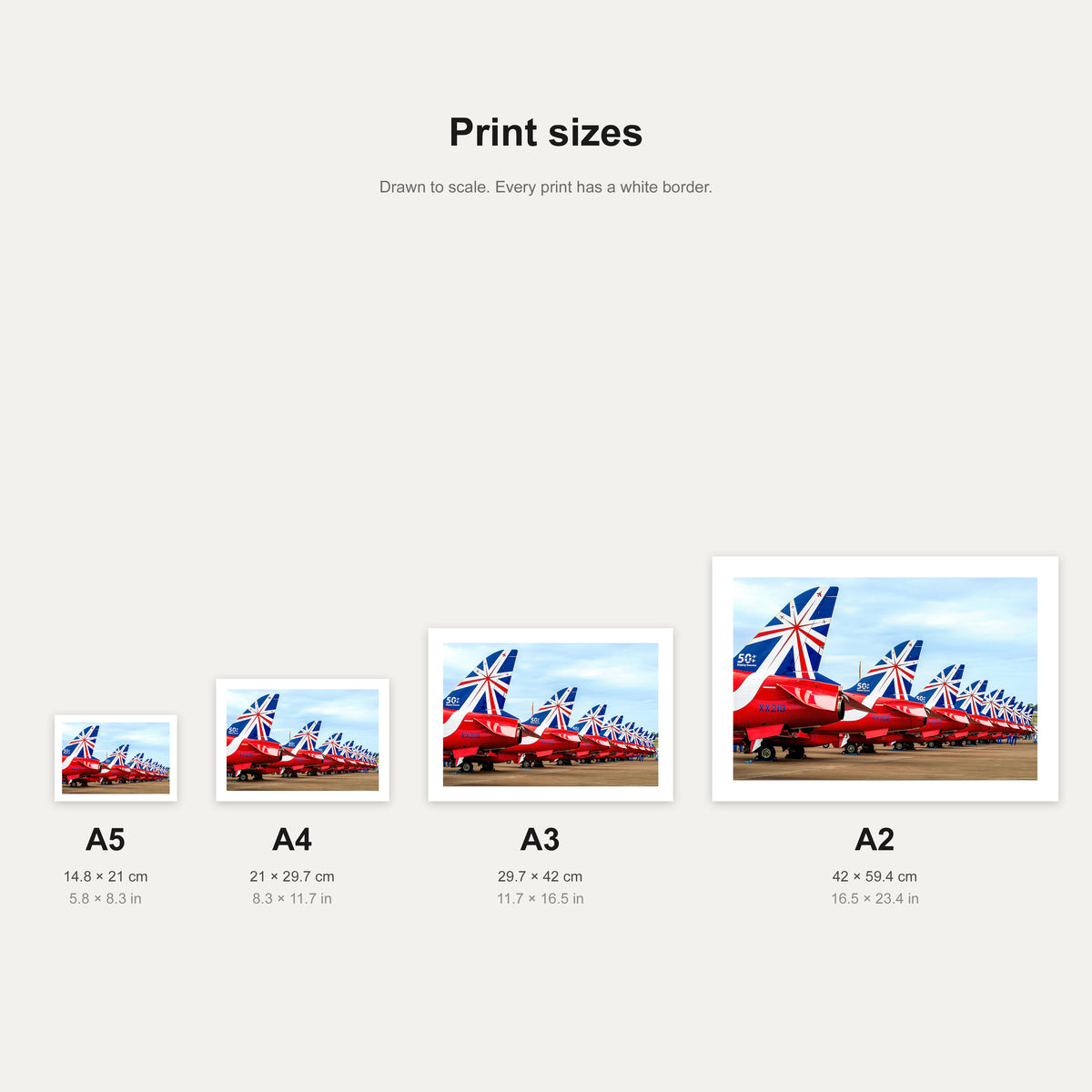 Red Arrows 50 display seasons tailfins print shown at A5, A4, A3 and A2 to scale, wall art size guide