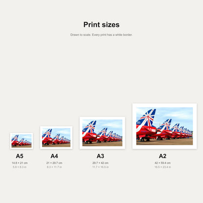 Red Arrows 50 display seasons tailfins print shown at A5, A4, A3 and A2 to scale, wall art size guide