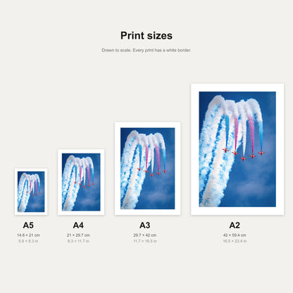 Red Arrows Apollo Loop print shown at A5, A4, A3 and A2 to scale, wall art size guide