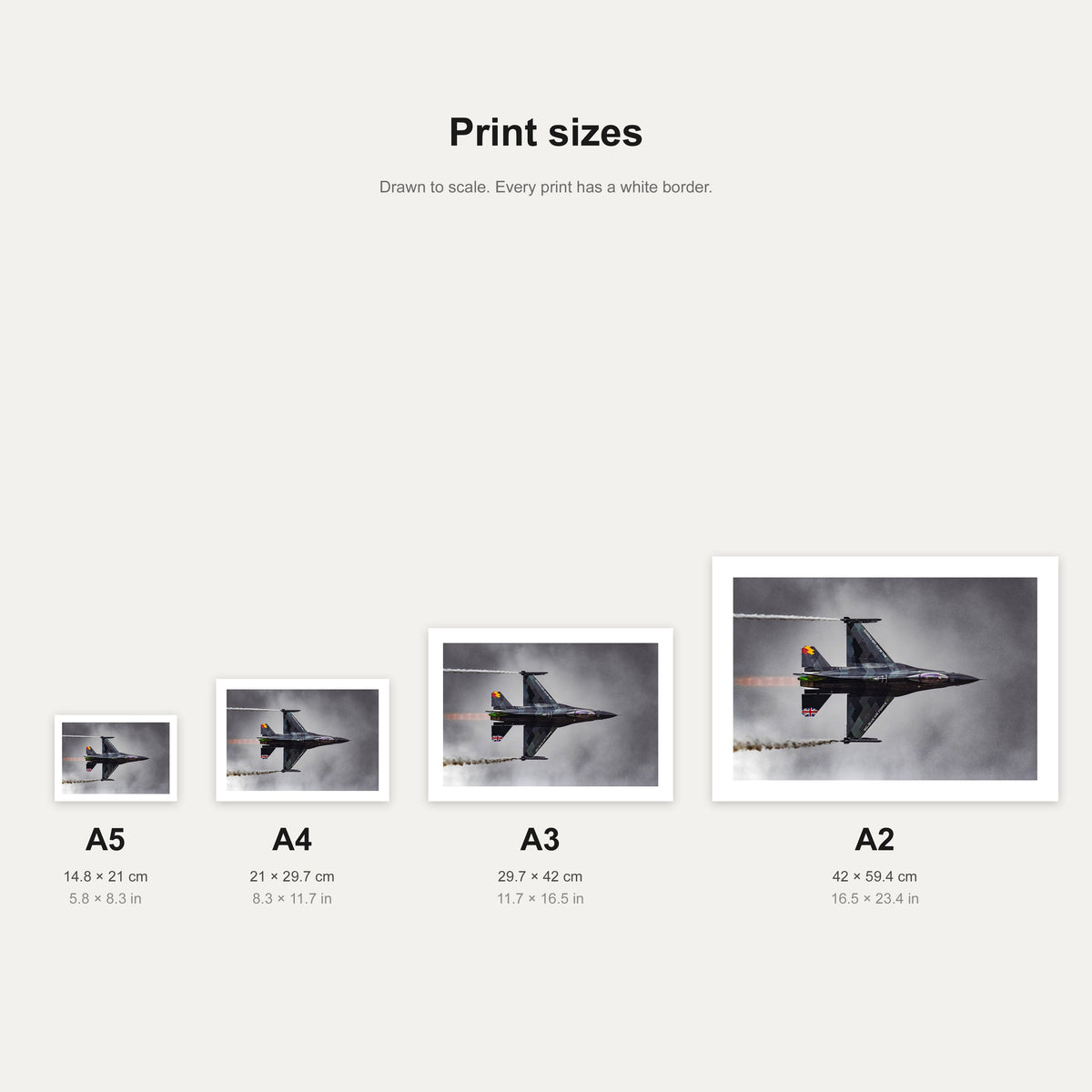 Viper Veer print shown at A5, A4, A3 and A2 to scale, wall art size guide