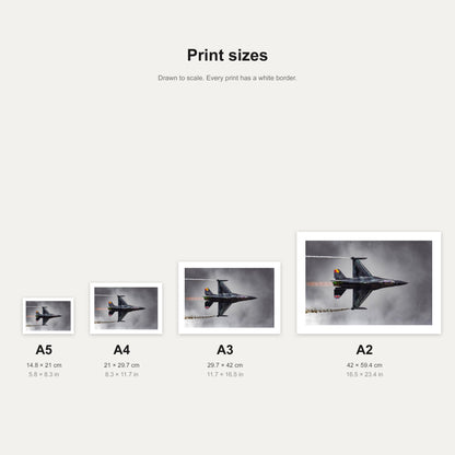 Viper Veer print shown at A5, A4, A3 and A2 to scale, wall art size guide
