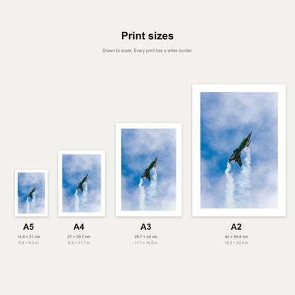 Viper Vertical print shown at A5, A4, A3 and A2 to scale, wall art size guide