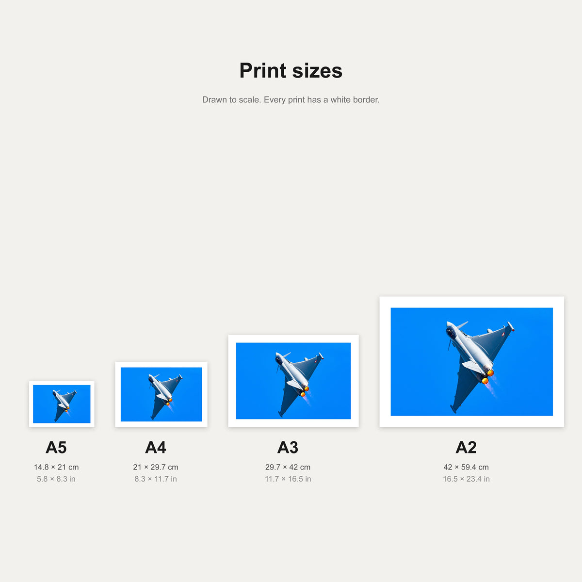 Alpine Alert print shown at A5, A4, A3 and A2 to scale, wall art size guide