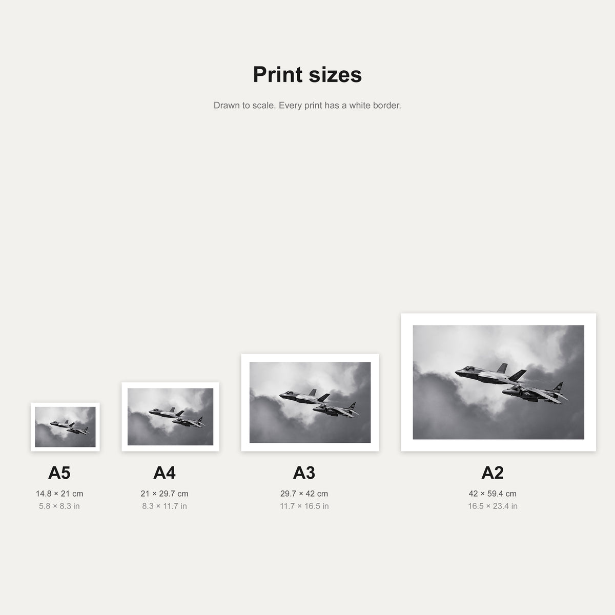 Lightning Legacy print shown at A5, A4, A3 and A2 to scale, wall art size guide