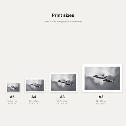 Lightning Legacy print shown at A5, A4, A3 and A2 to scale, wall art size guide
