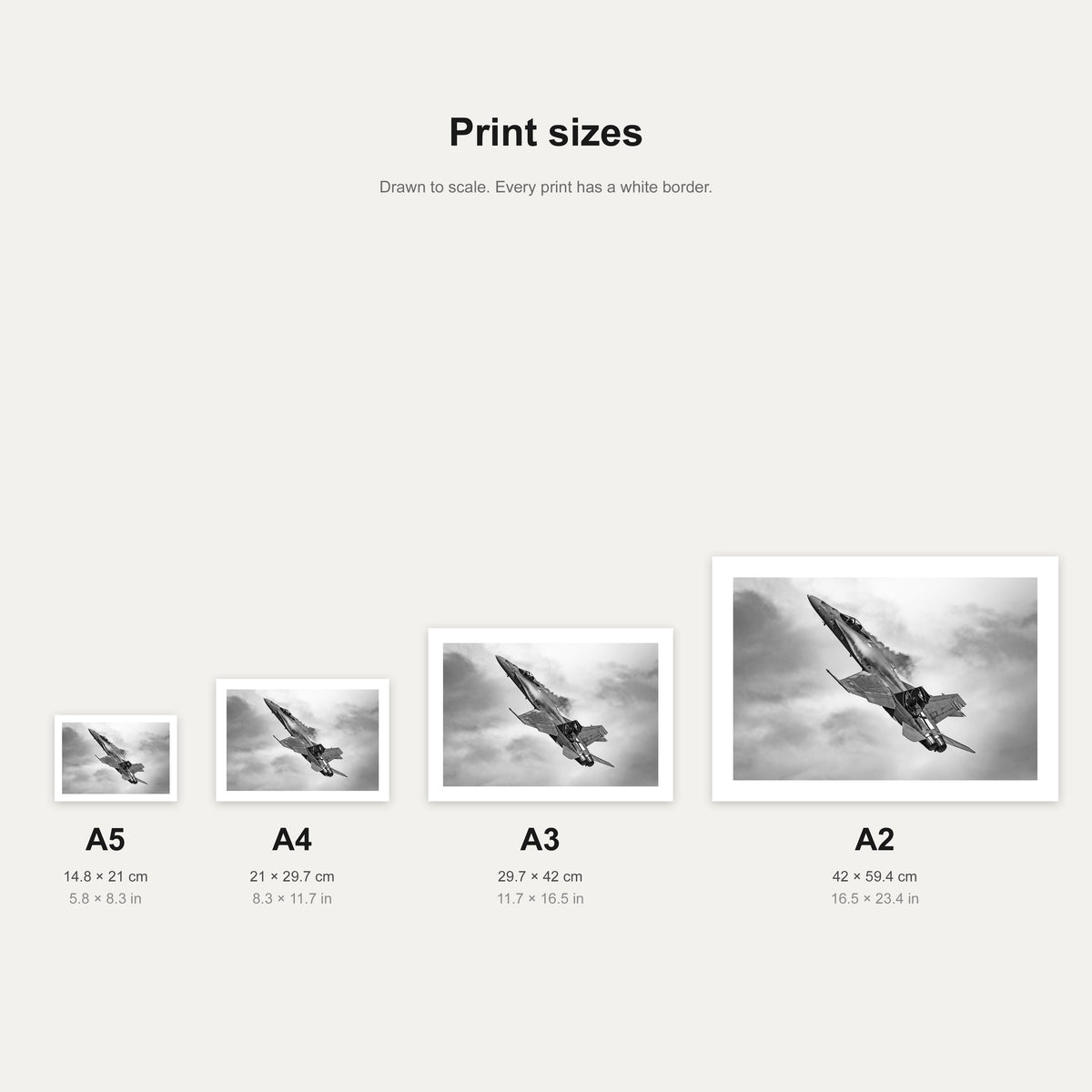 Hornet Haul print shown at A5, A4, A3 and A2 to scale, wall art size guide