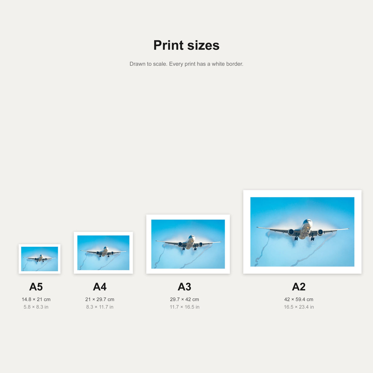 Vortex Vapour print shown at A5, A4, A3 and A2 to scale, wall art size guide