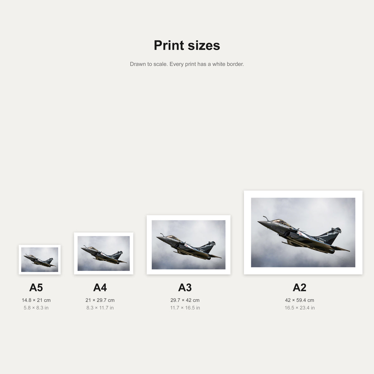 Rafale Roll print shown at A5, A4, A3 and A2 to scale, wall art size guide