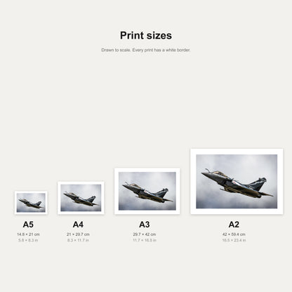 Rafale Roll print shown at A5, A4, A3 and A2 to scale, wall art size guide