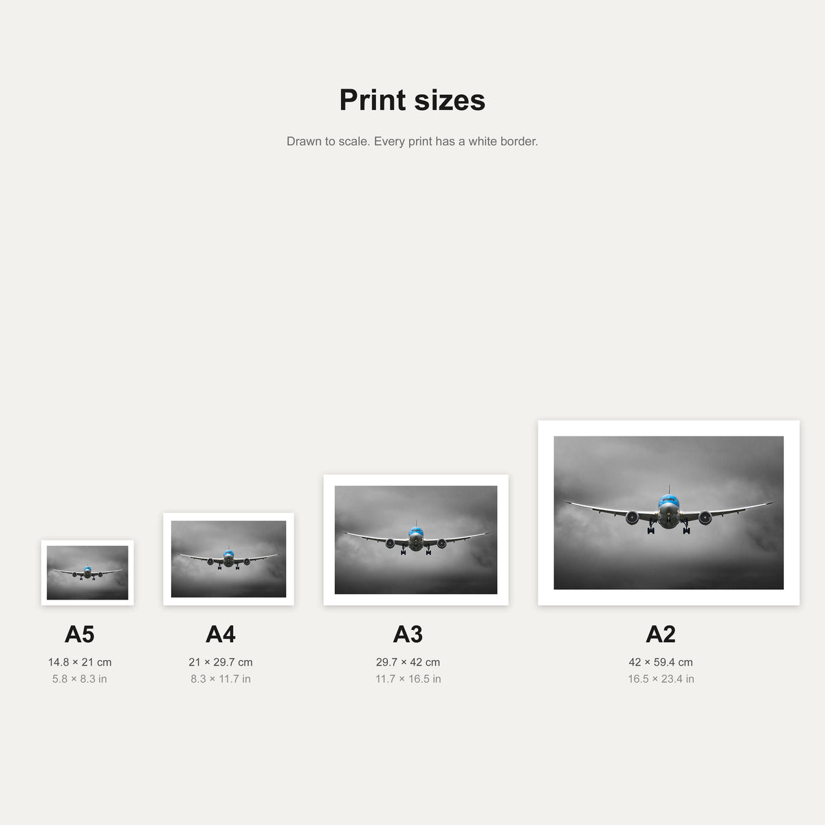 Dreamliner Descent print shown at A5, A4, A3 and A2 to scale, wall art size guide