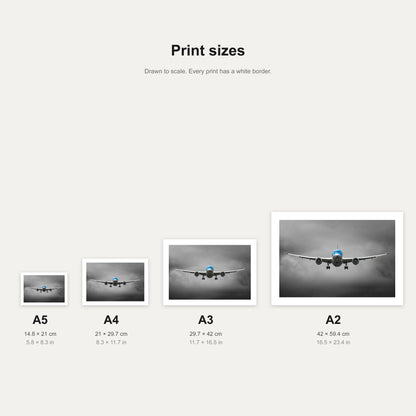 Dreamliner Descent print shown at A5, A4, A3 and A2 to scale, wall art size guide