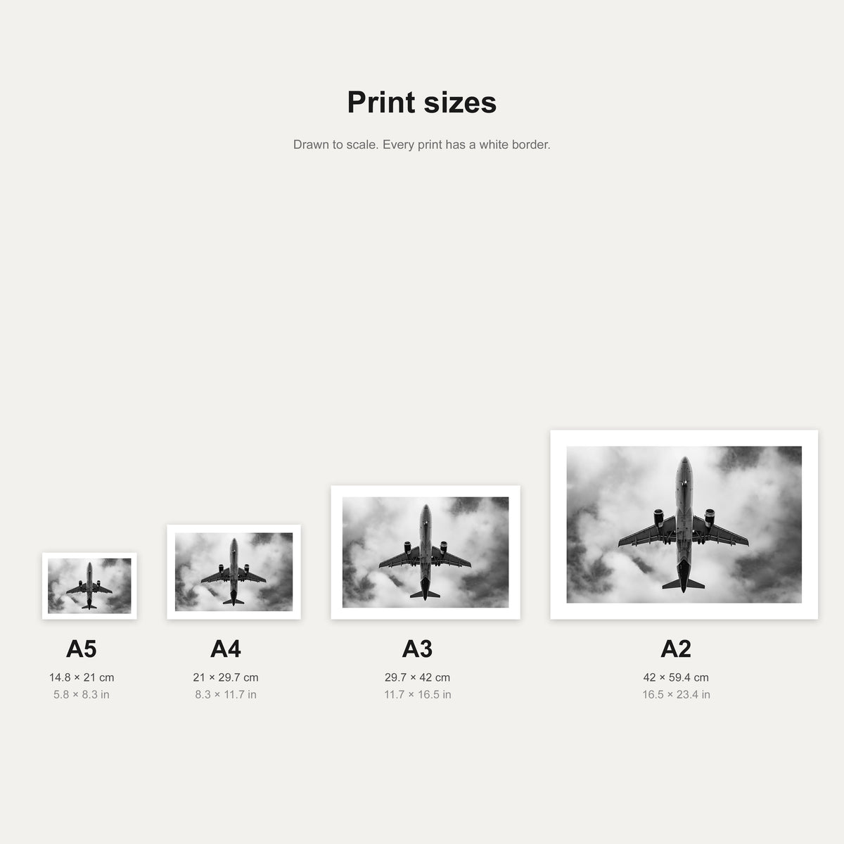 Overhead Outline print shown at A5, A4, A3 and A2 to scale, wall art size guide