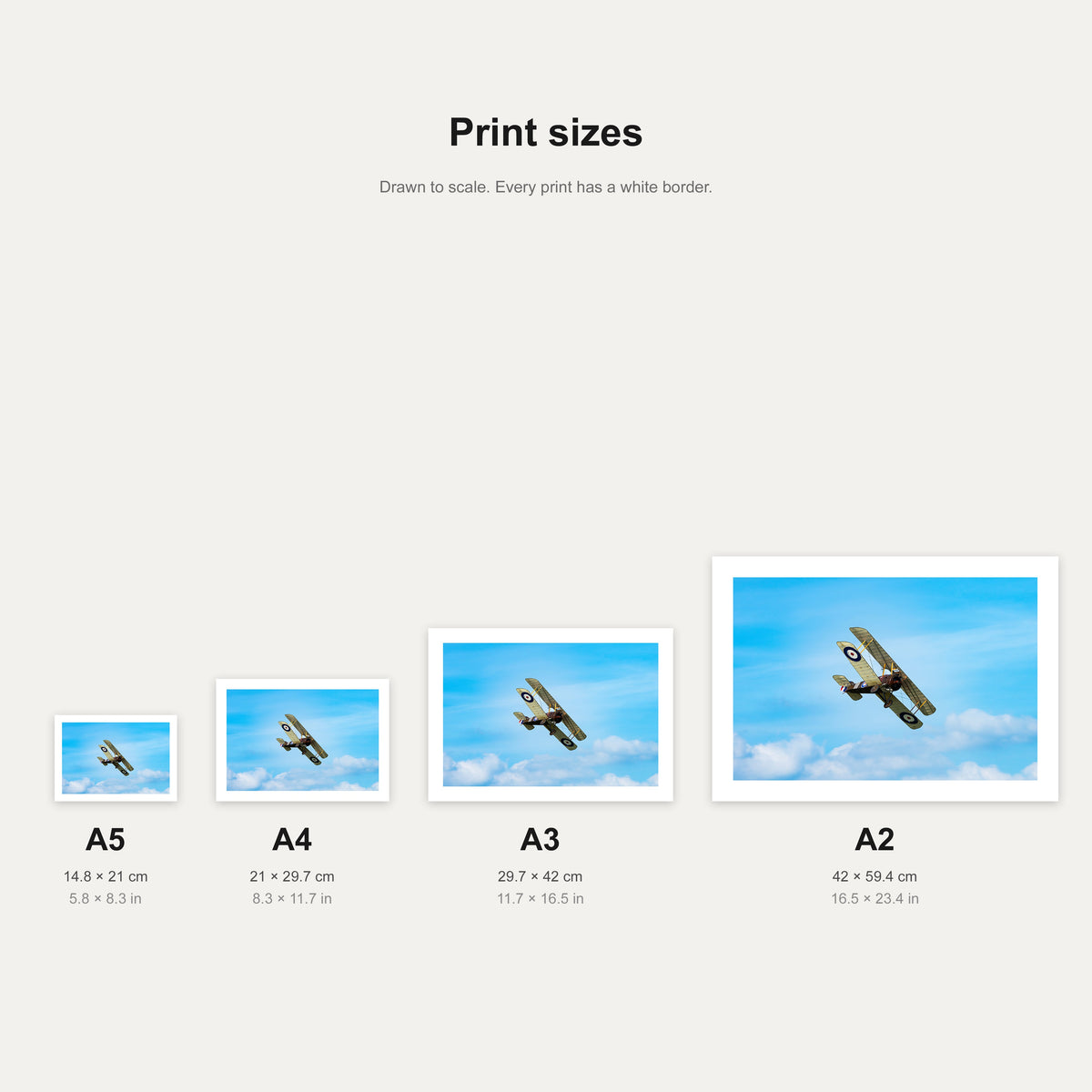 Camel Climb print shown at A5, A4, A3 and A2 to scale, wall art size guide