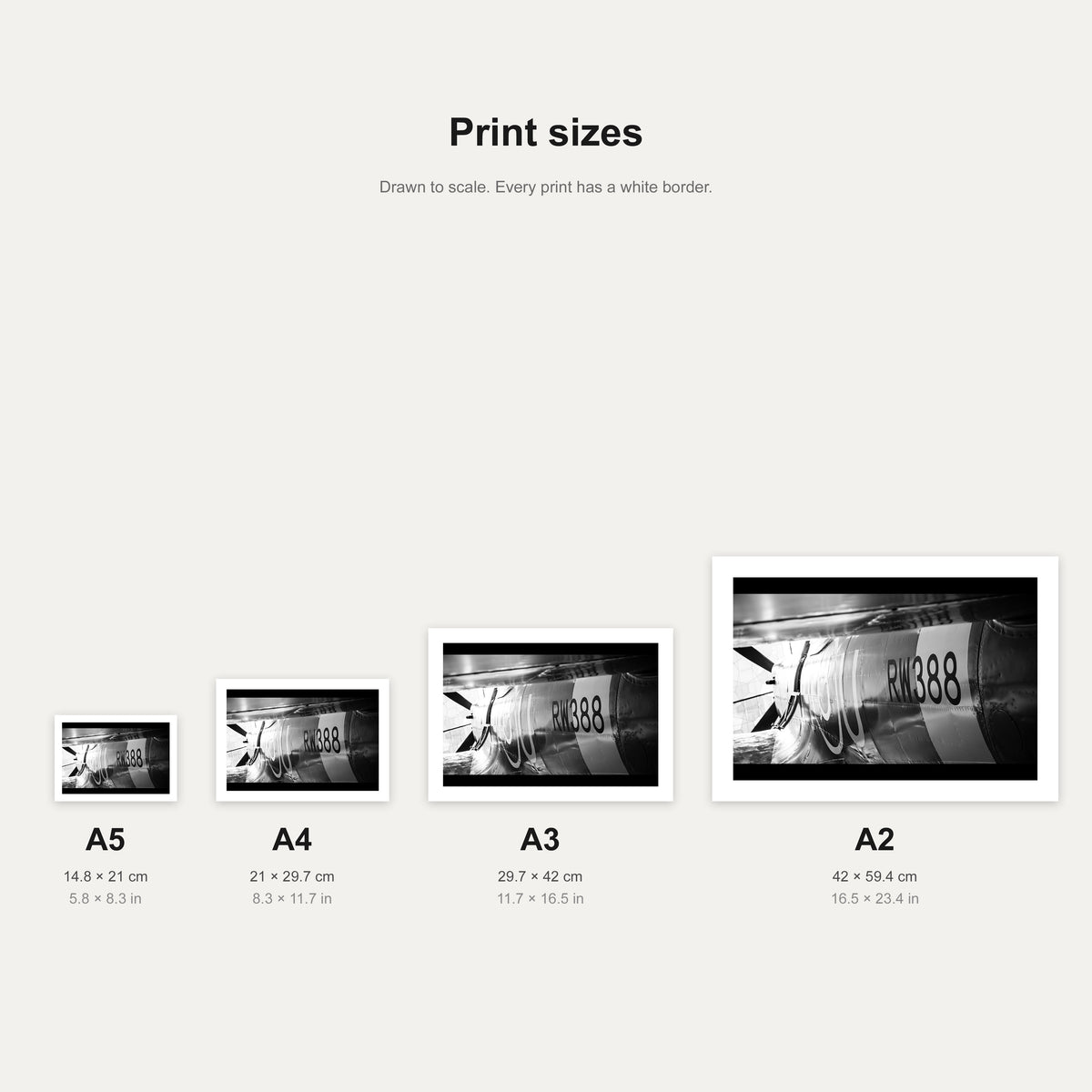 Spitfire Skin print shown at A5, A4, A3 and A2 to scale, wall art size guide