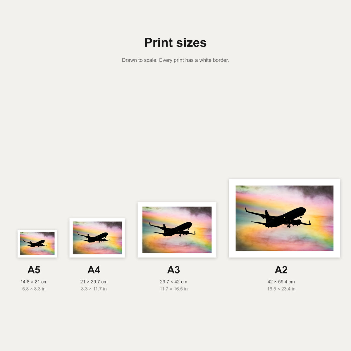 Rainbow Rotation print shown at A5, A4, A3 and A2 to scale, wall art size guide