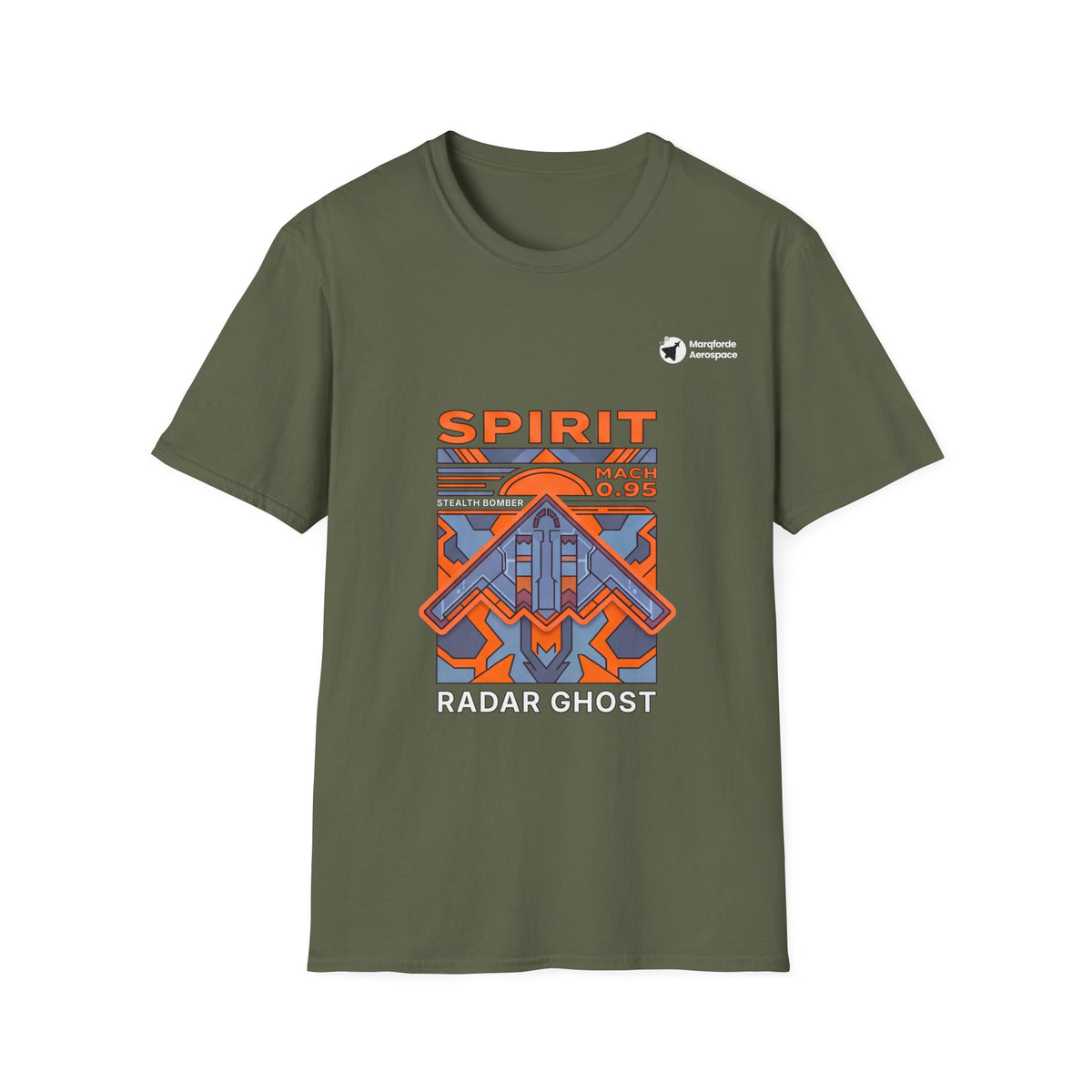 Spirit Shadow B-2 aviation graphic on a military green unisex t-shirt