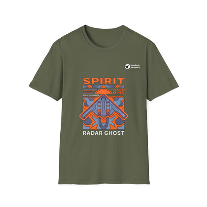 Spirit Shadow B-2 aviation graphic on a military green unisex t-shirt