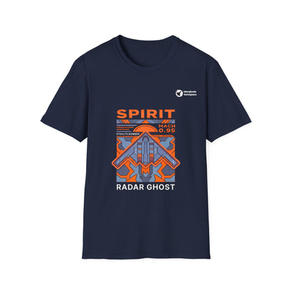 Spirit Shadow B-2 aviation graphic on a navy unisex t-shirt