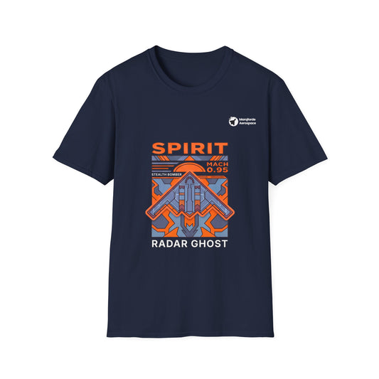 Spirit Shadow B-2 aviation graphic on a navy unisex t-shirt