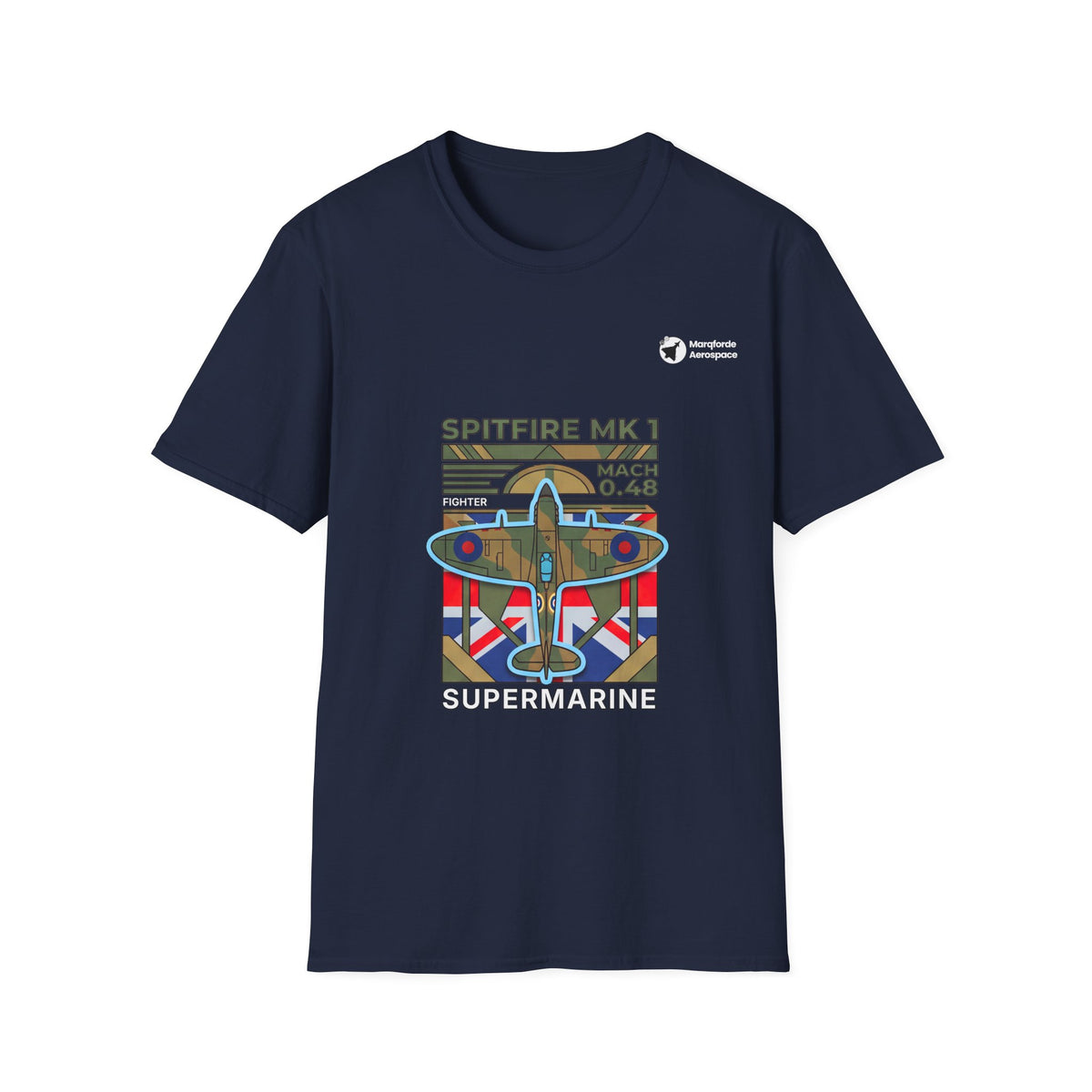 Spitfire Supreme aviation graphic on a navy unisex t-shirt