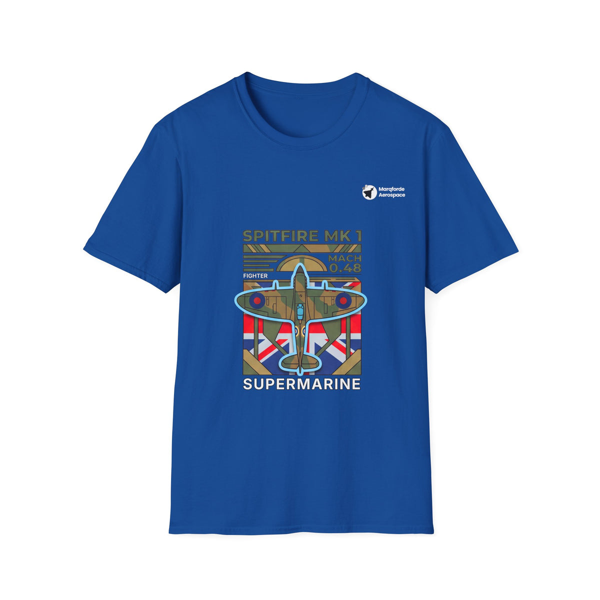 Spitfire Supreme aviation graphic on a royal blue unisex t-shirt