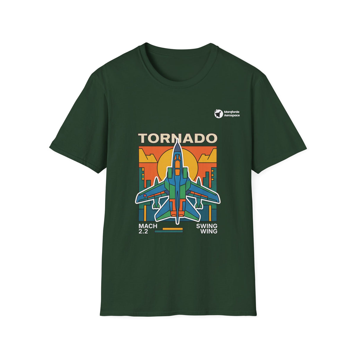 Tornado Twilight aviation graphic on a forest green unisex t-shirt