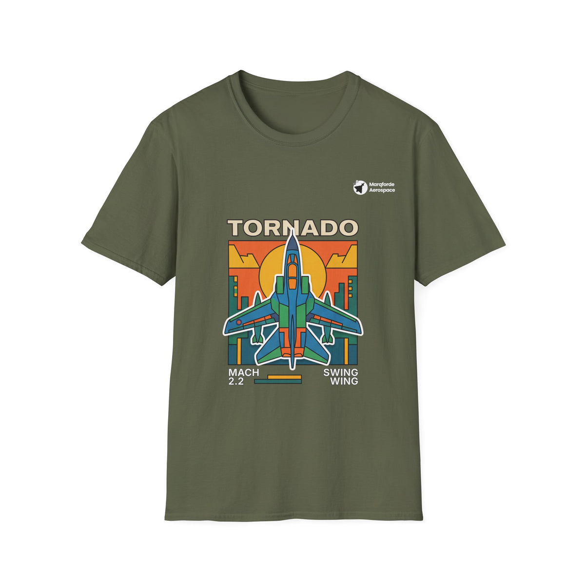 Tornado Twilight aviation graphic on a military green unisex t-shirt