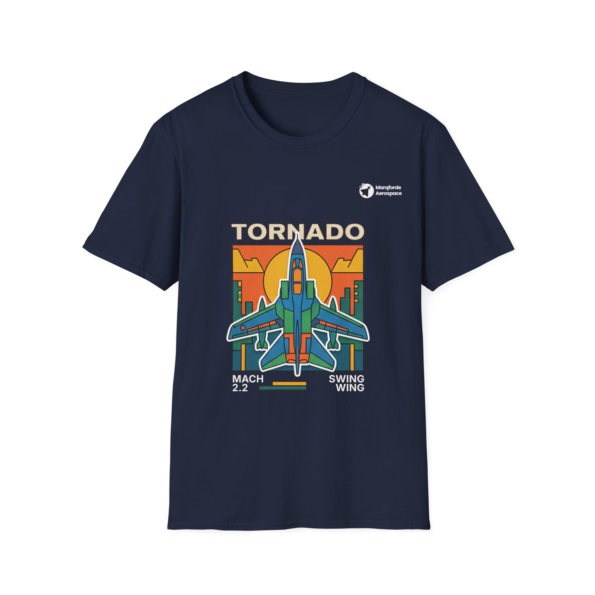 Tornado Twilight aviation graphic on a navy unisex t-shirt